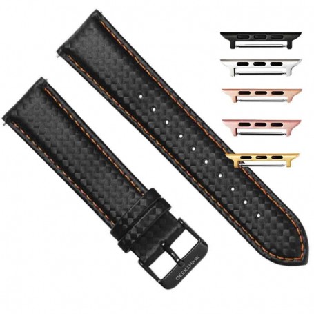 Curea piele compatibila Apple Watch 9|8|7|6|5|4|3|2|1 Series, 49mm|45mm|44mm|42mm, Negru/Portocaliu