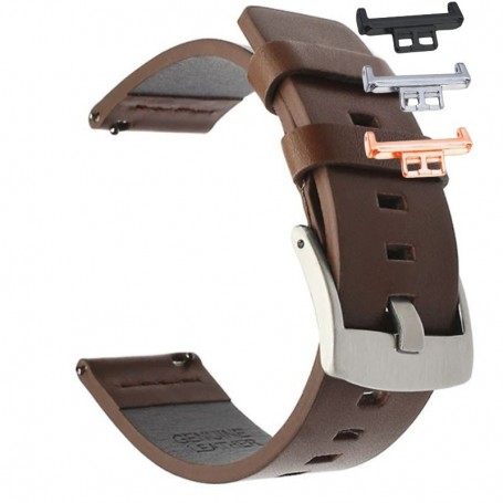 Curea piele naturala, compatibila Huawei Watch Fit 1, cu adaptor dedicat, Maro/Argintiu