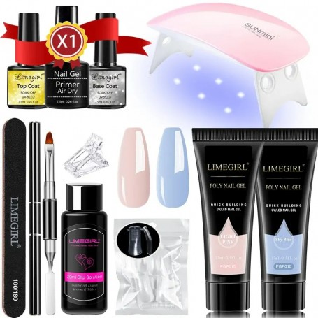 Kit Unghii Polygel, Lampa UV, cutie bambus, set complet unghii semipermanente, Model 3